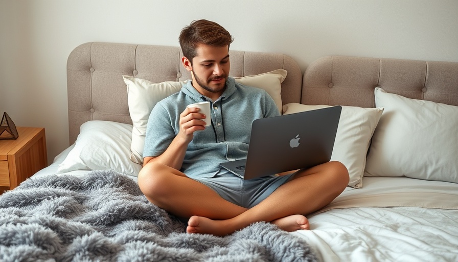 Relaxed young adult working from bed on laptop, learning how to make more money and work less.