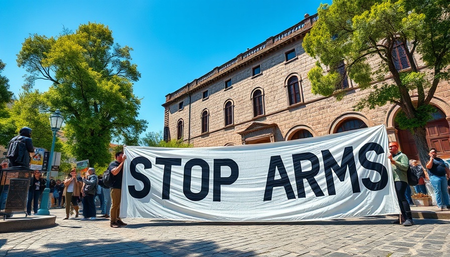 UK Military Exports protest with 'STOP ARMS' banner on a sunny street.