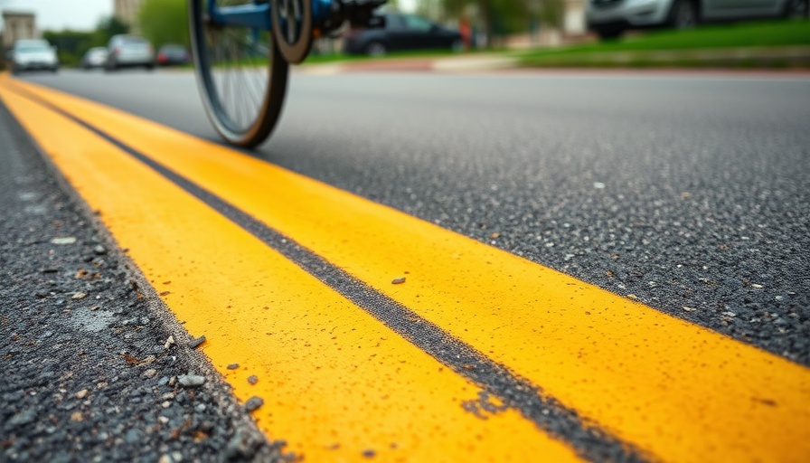 Bicycle on road with thermoplastic yellow line marking.
