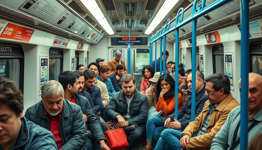 Crowded subway scene highlighting UK commuting challenges with diverse passengers.