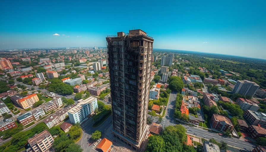 Aerial view of fire-damaged high-rise building in urban area.