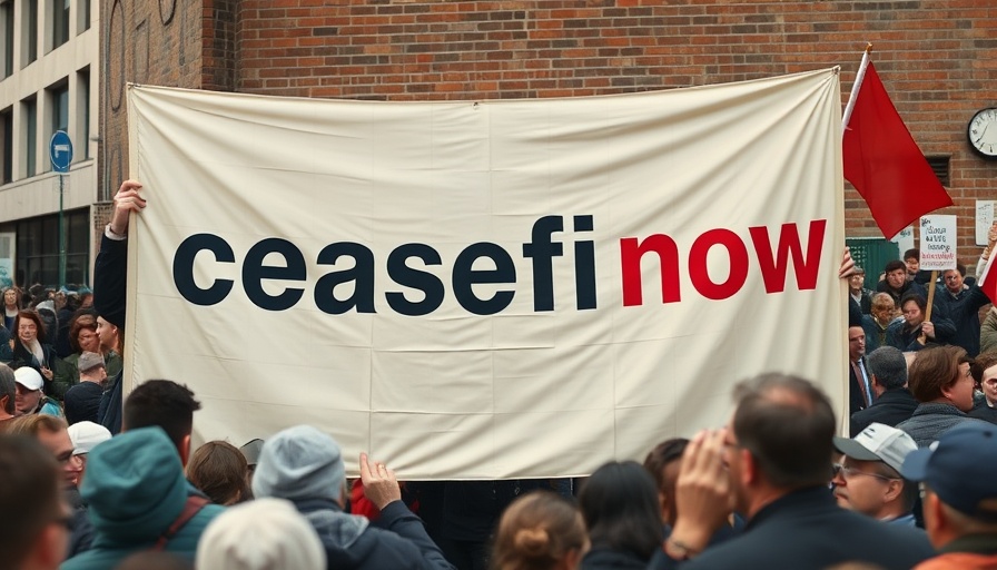 Protest banner advocating peace and justice.