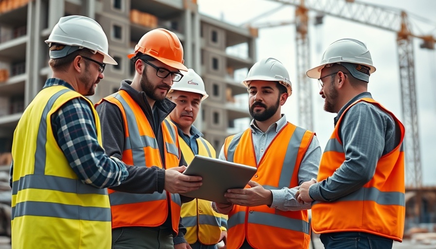Construction professionals use a tablet on-site, discussing an app.