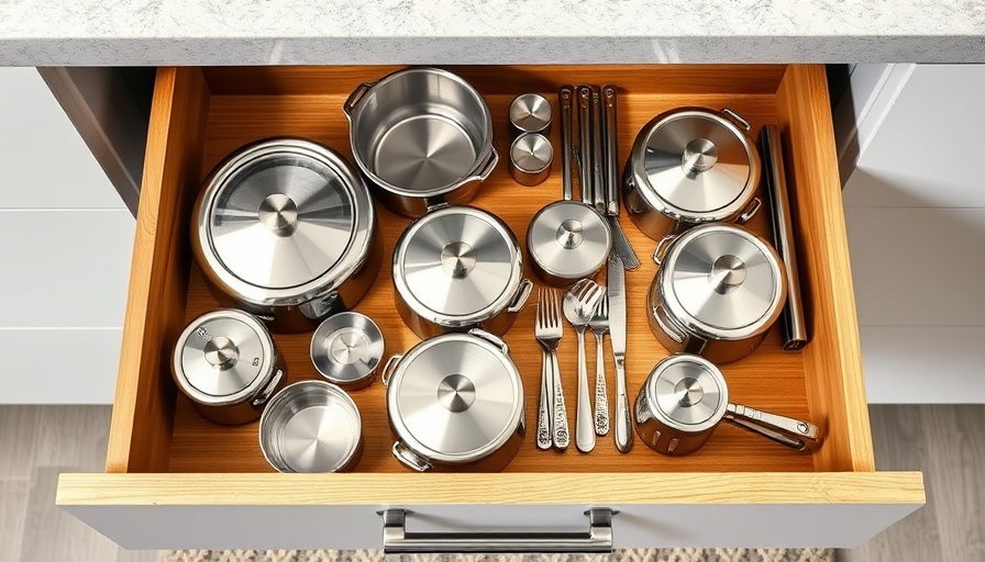 Efficient space-saving cookware neatly arranged in a kitchen drawer.