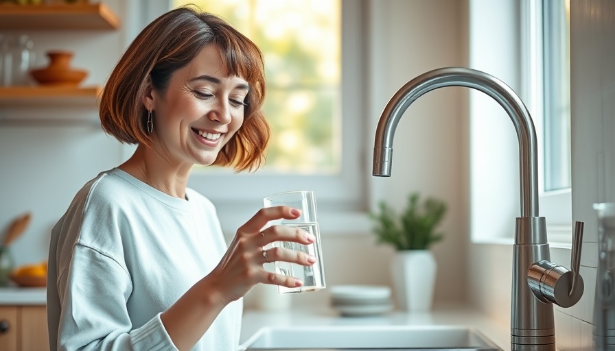 Woman using whole house water filter at kitchen faucet