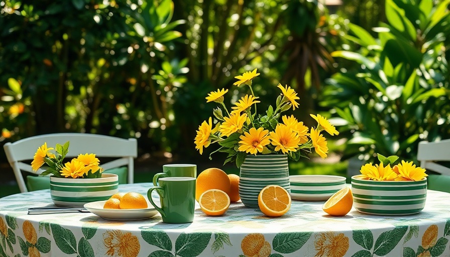 Vibrant citrus-themed table setting in garden.