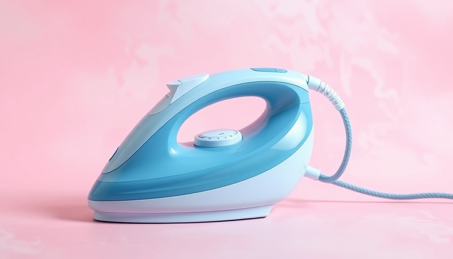 Sleek blue Aldi handheld clothes steamer against pastel abstract background