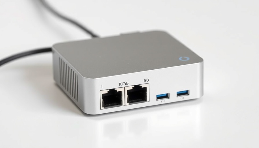 Sleek silver mini PC with dual 10Gb Ethernet ports.