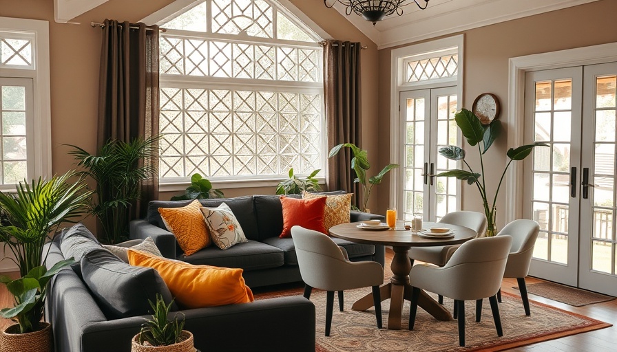 Cozy living room in a renovated Margate bungalow with lattice windows.