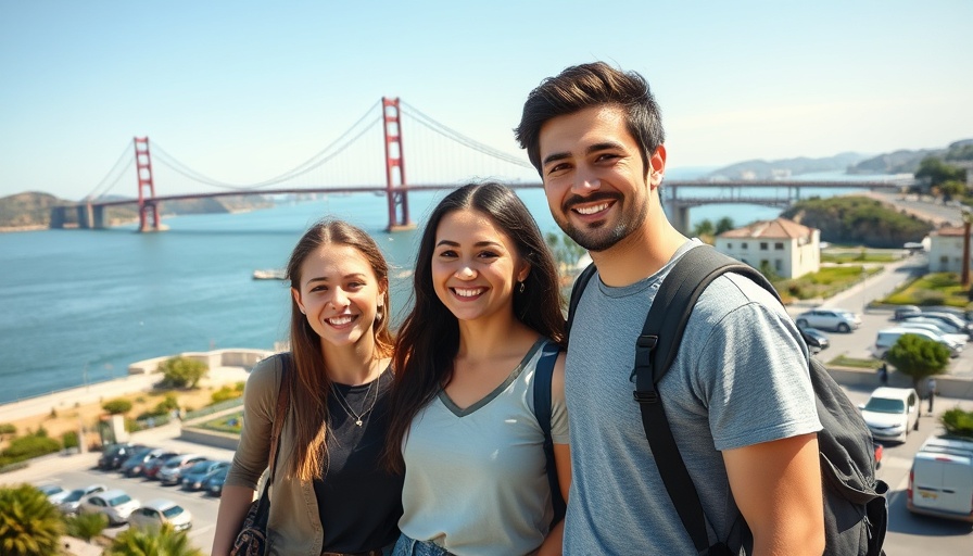 Group of friends by the bay with famous bridge behind.