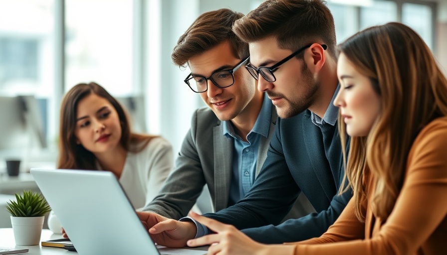 Young professionals discussing data on a laptop in an office, average 401(k) balance by age.