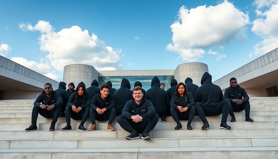 Team in black hoodies on architectural steps for European alternative to Amazon palm payments.