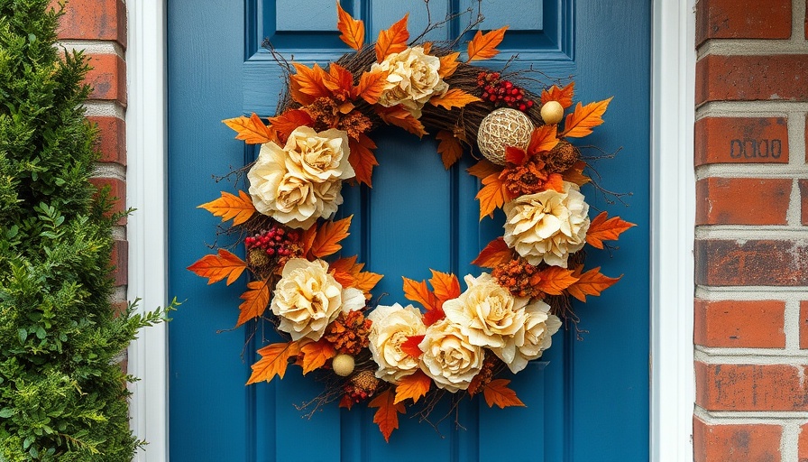 Autumn wreath with dried hydrangeas on a blue door for home decor.
