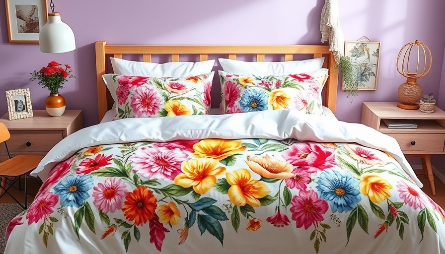 Vibrant floral bedding trends 2025, cozy bed with decorative pillows.