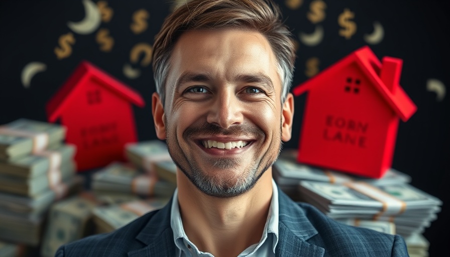 Confident man illustrating property investment plan success with money and icons.