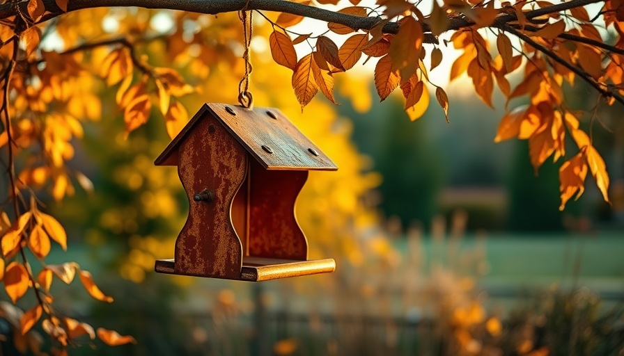 Rusty bird box surrounded by glowing autumn leaves, garden setting.