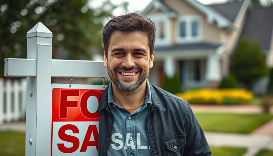 Smiling man by a 'For Sale' sign, real estate context.
