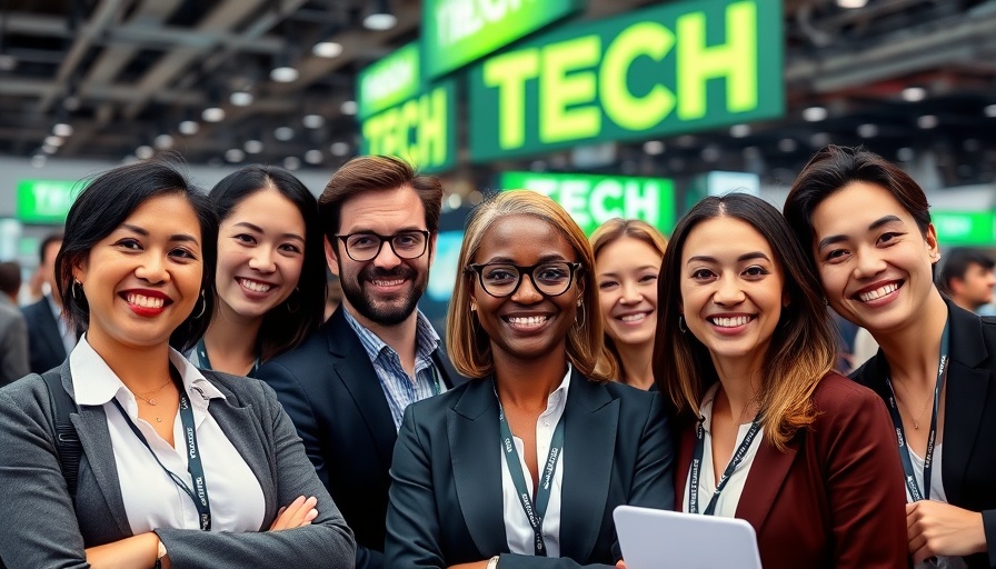 Promotional banner for tech conference featuring business professionals.