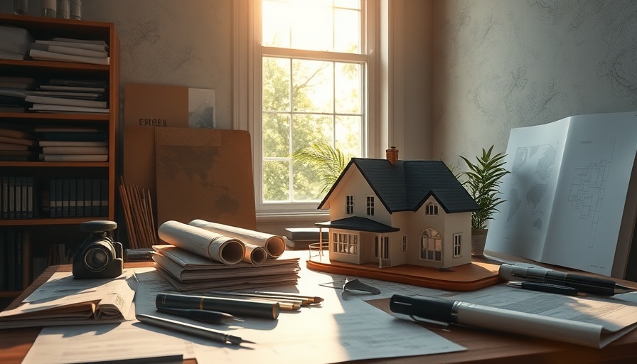 Architectural tools and house model in sunny workspace, role of landscape architects in home construction.