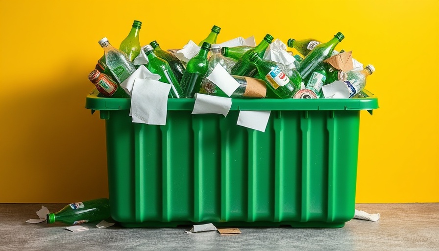 Overflowing recycling bin with bottles and paper against a yellow wall.