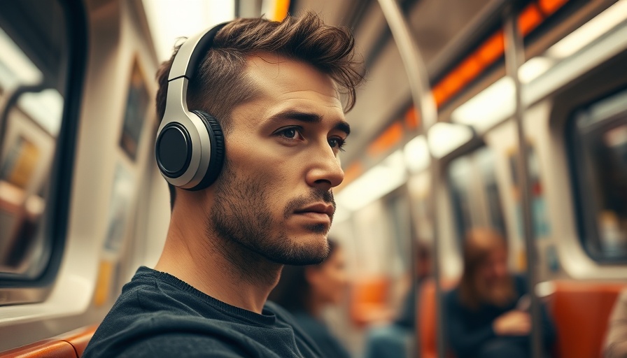 Close-up portrait of a man wearing headphones on London Underground.