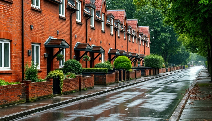 Rainy day street view of terraced houses, unexpected household costs theme.