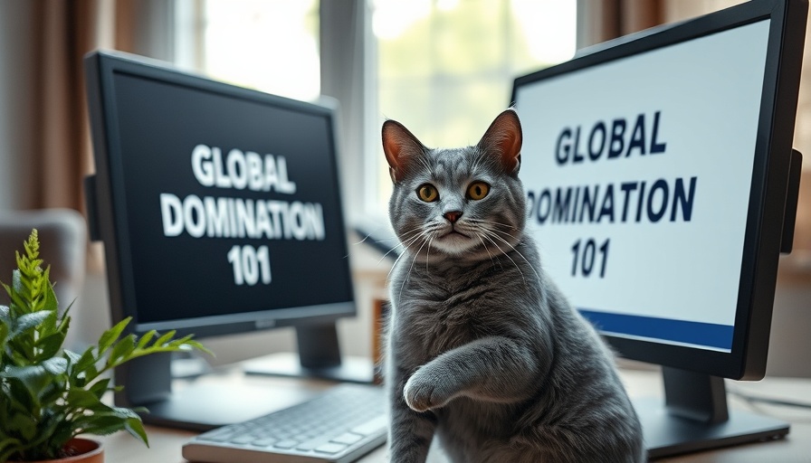 Playful cat attends computer webinar titled Global Domination 101, representing AI-generated videos.