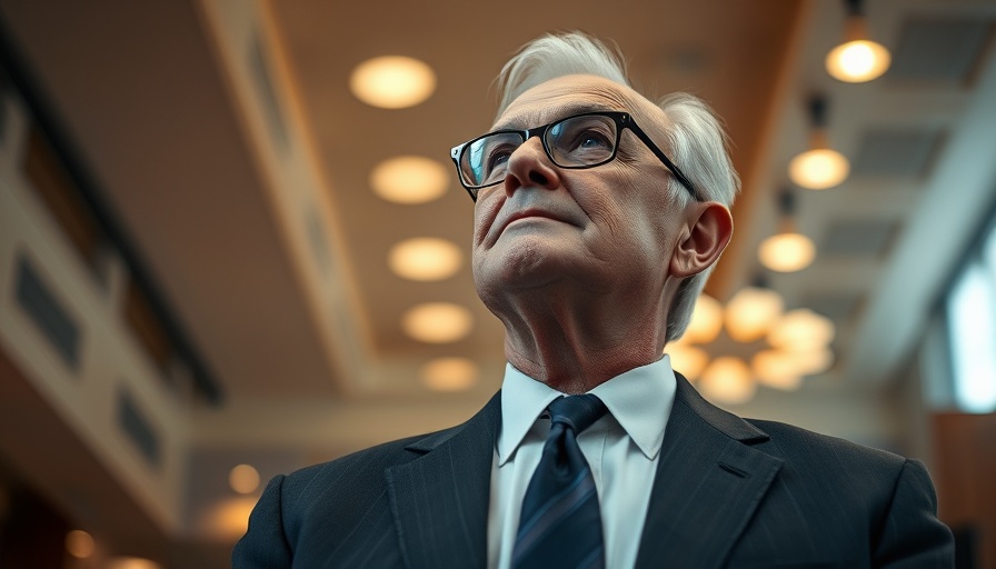 Older man in a suit looking upward, professional indoor setting.