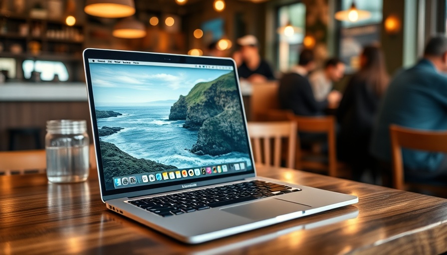 MacBook showing macOS Tahoe wallpaper in cafe setting.