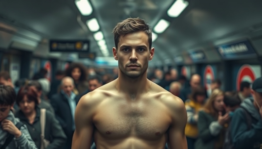CCTV footage of a shirtless man in a crowded London Underground station.