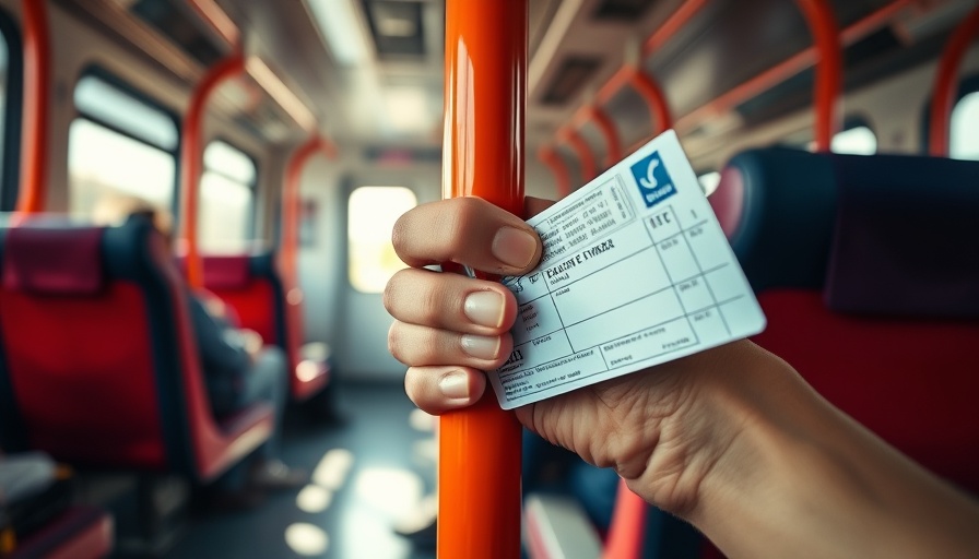 Person holding a train ticket in modern train, sunlight streaming in