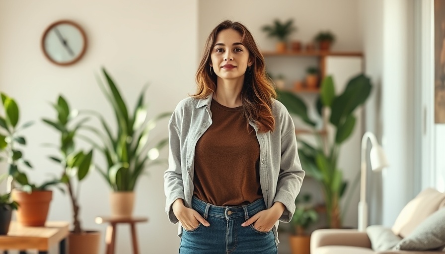 Casual attire woman in home interior with plants, DIY vibe.