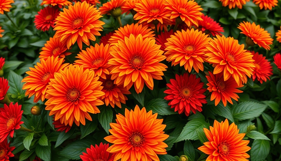 Vibrant autumn flowers in lush green foliage.
