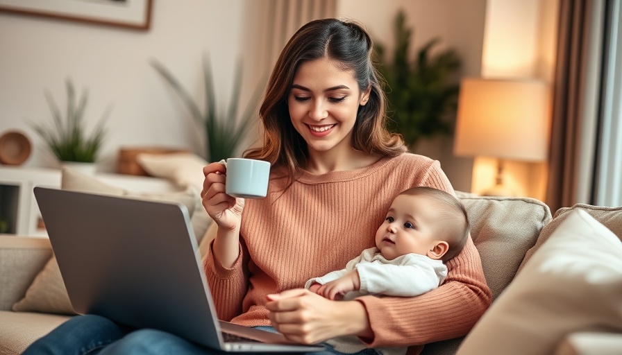 Young mother budgeting on laptop with baby, cozy home setting.