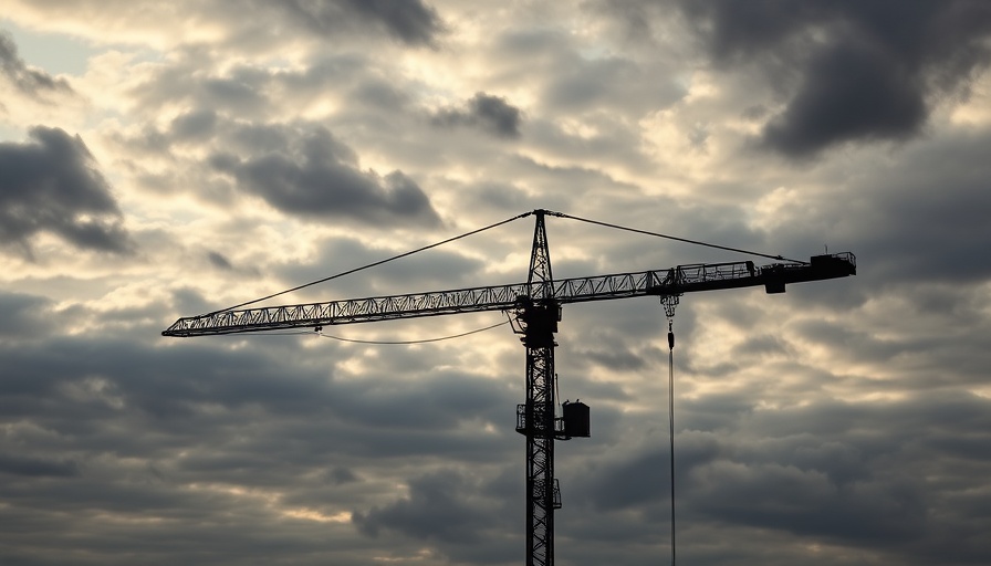 Silhouetted crane against cloudy sky amid UK construction PMI decline.