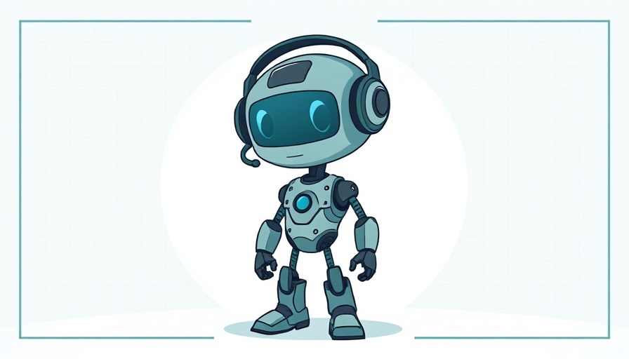 Teal cartoon robot with headset in minimalistic setting.