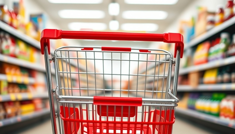 Red shopping cart in grocery aisle with colorful shelves.