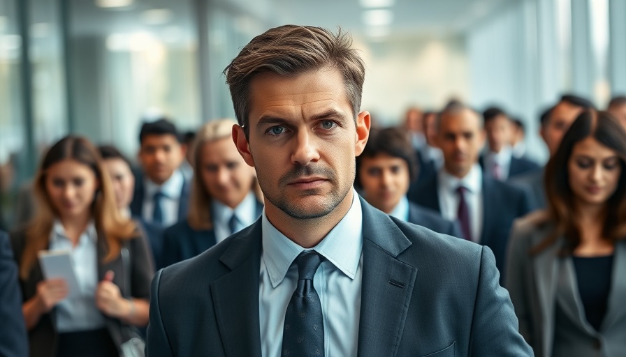 Businessman walking confidently in a modern office setting.