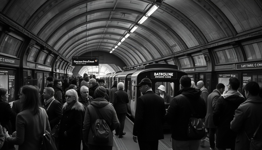 Vintage London Underground station with passengers waiting, black and white.
