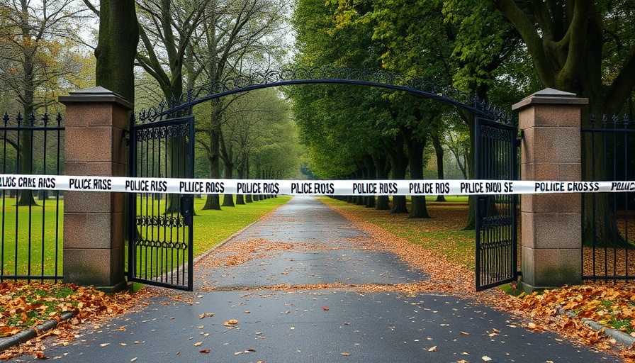 Gated South London park entrance blocked by police tape, investigation scene.