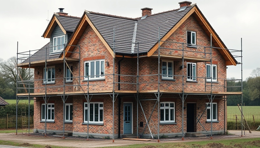 Construction site of a house in progress in rural England, showcasing scaffolding and framework.