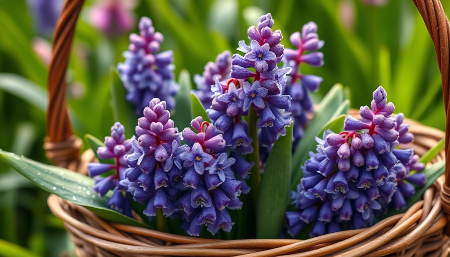 Colorful grape hyacinths with dew drops in garden.