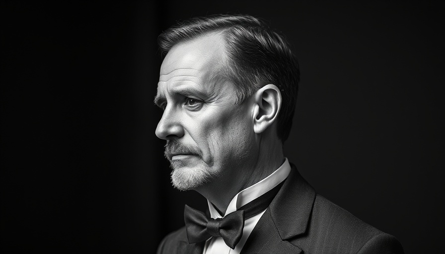 Black and white portrait of a man with a bow tie, passive expression