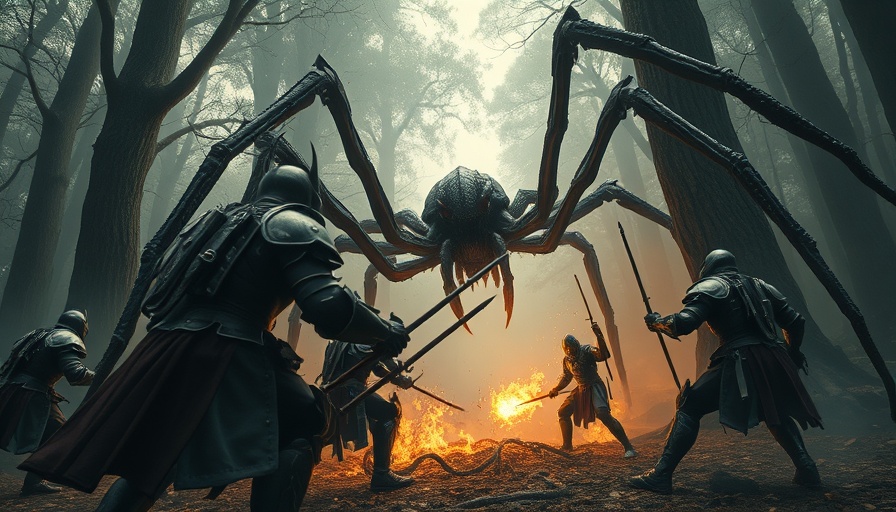 Epic battle scene in a mystical forest, illustrating fantasy combat.