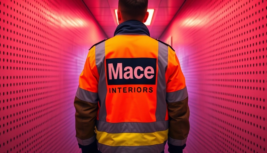 High-visibility Mace Interiors jacket in a corridor, Mace's restructuring.