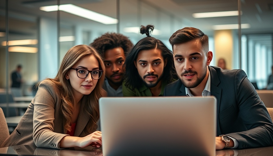 Four people engaged around a laptop in a modern office, cinematic photo.