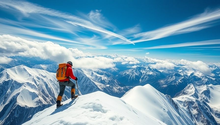 Adventurous climber overcoming emotional biases in investing on a snowy peak.