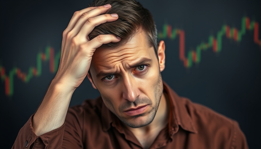 Stressed man in front of stock chart, Mortgage Monitor Report on Housing Market.