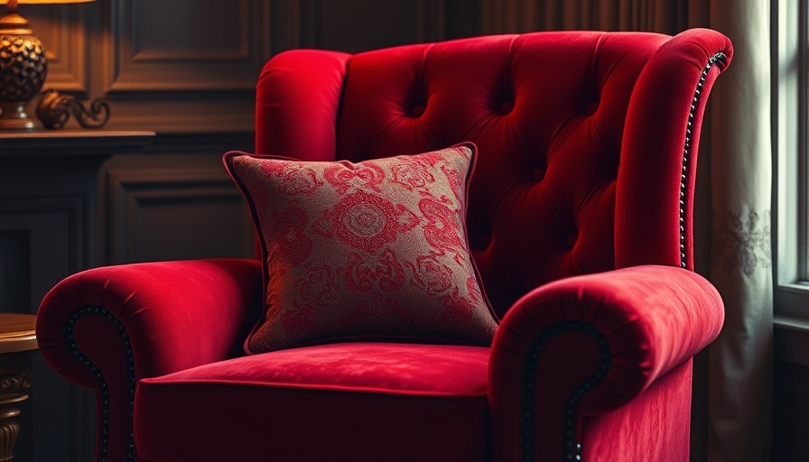 Maximalist home décor with red velvet armchair and patterned cushion.