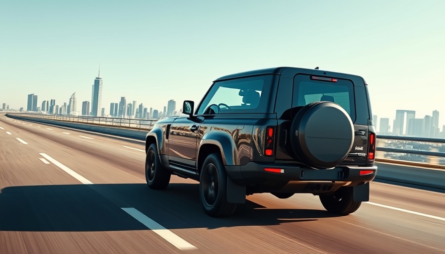 Modern Land Rover Defender on highway amid cityscape.